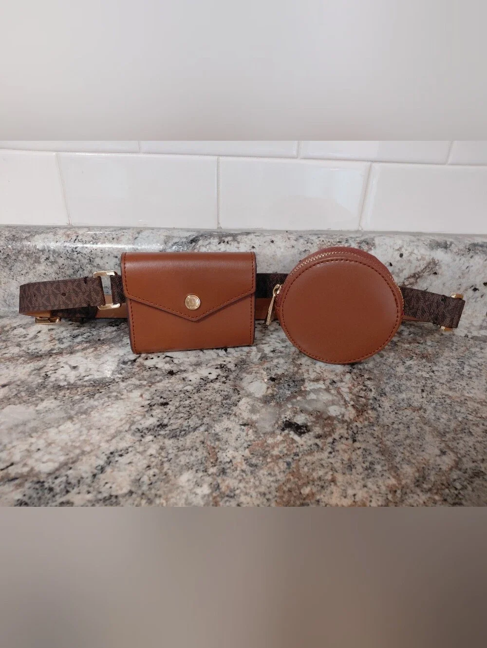 Michael Kors Tan Brown Leather Belt Double Pouch Wallet & Coin Pouch